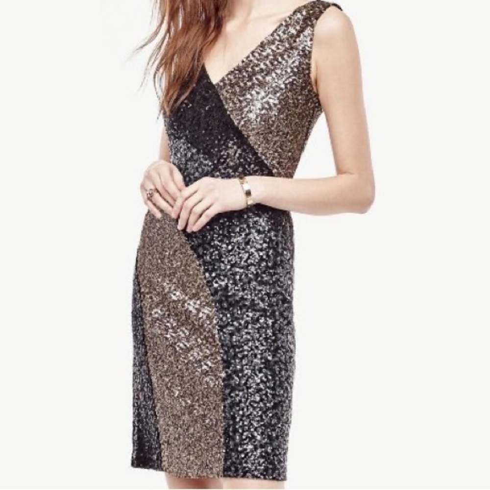 Ann Taylor Asymmetrical Sequin Dress in Black, Silver and Gold